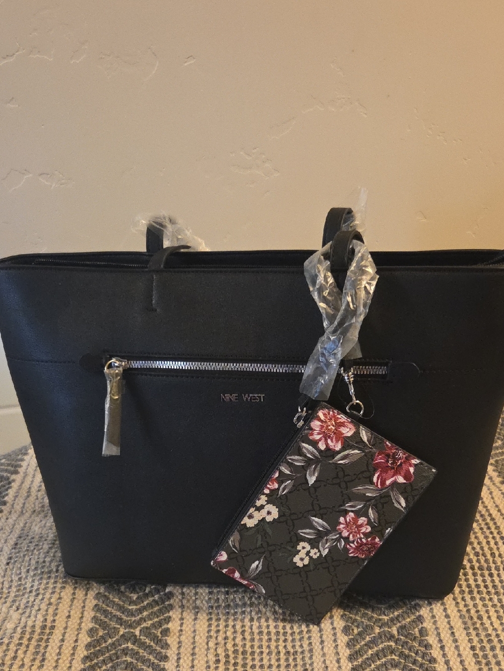 Nine West Black Tote with Floral Wristlet